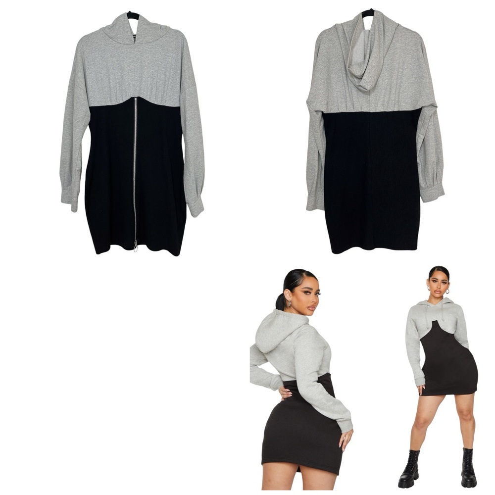 Fashion Nova Hooded Mini Sweater Dress zip front Block Color Black N Gray SZ 2XL